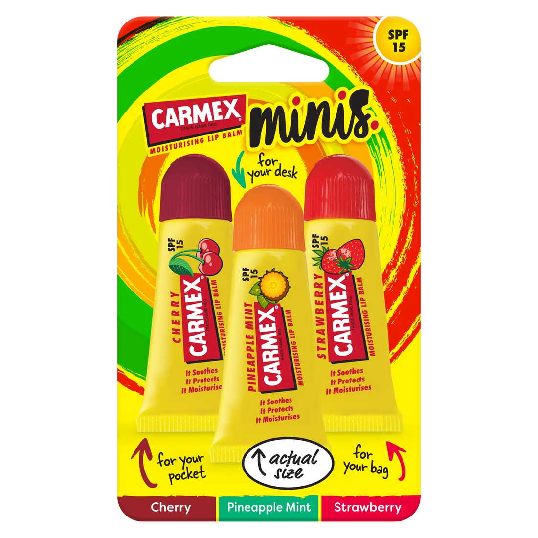 CARMEX Minis 3-Pack Tube Lip Balm Set, featuring three small tubes in cherry, pineapple-mint, and strawberry flavors